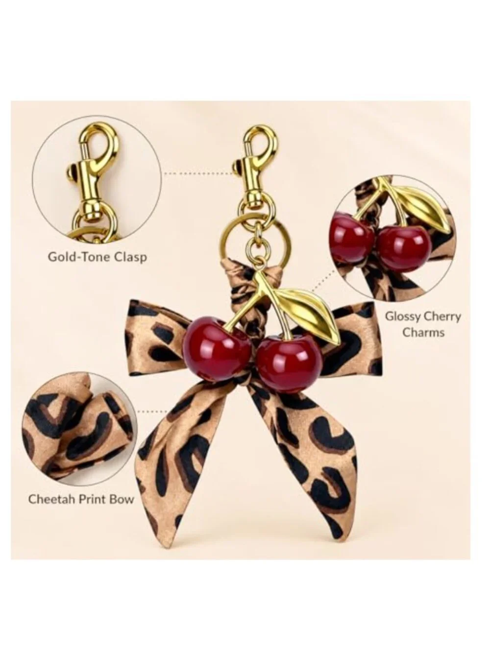 Cherry Keychain Bow Leopard Cheetah Bag Charm Red Purse Handbag Accessory